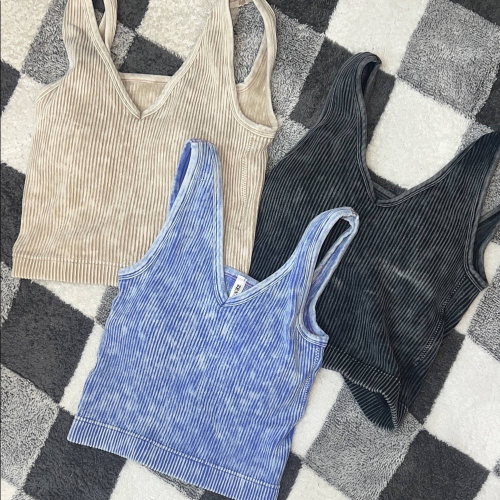 Zenana Bundle of 3 Ribbed Tank Tops - Beige, Charcoal, Sky Blue